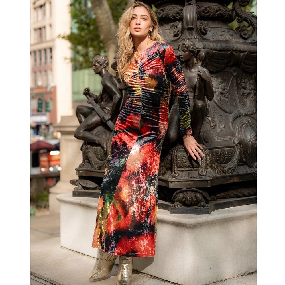 Long Sleeve Multicolor Abstract Maxi Dress - Women